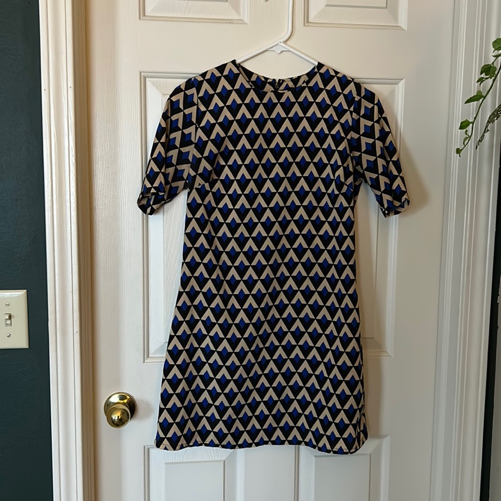 Runway Story Blue/Black/Tan Geometric Mini Dress, Size XS